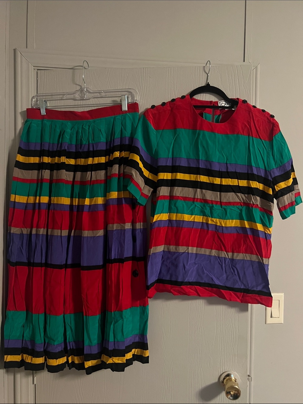 Vintage Carlisle 100% Silk Multicolor Striped Blouse and Pleated Midi Skirt Set